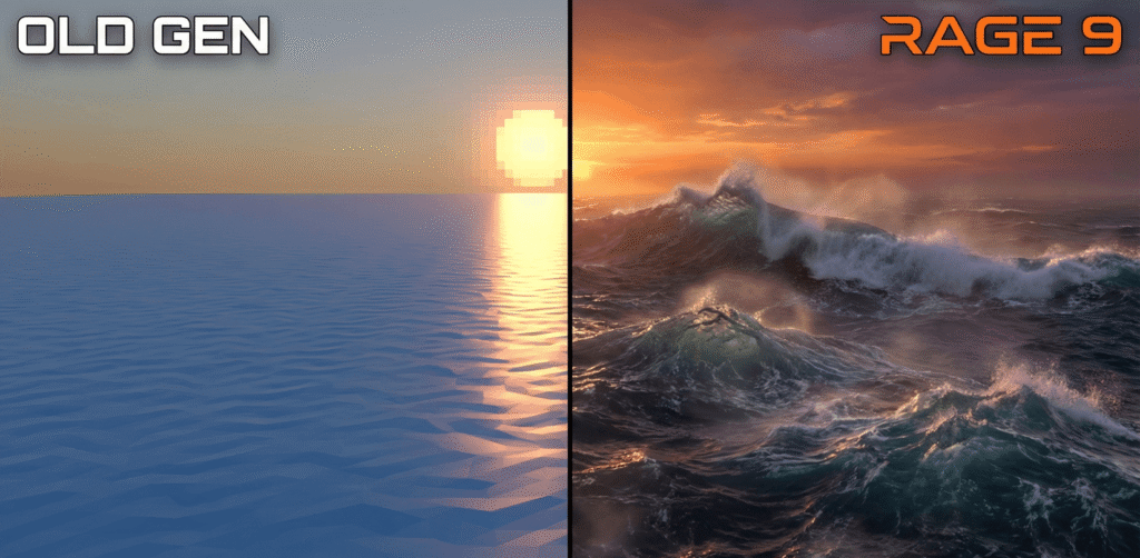 RAGE 9 engine water physics comparison showing advanced real-time global illumination and ocean simulation requiring high-end PC hardware.