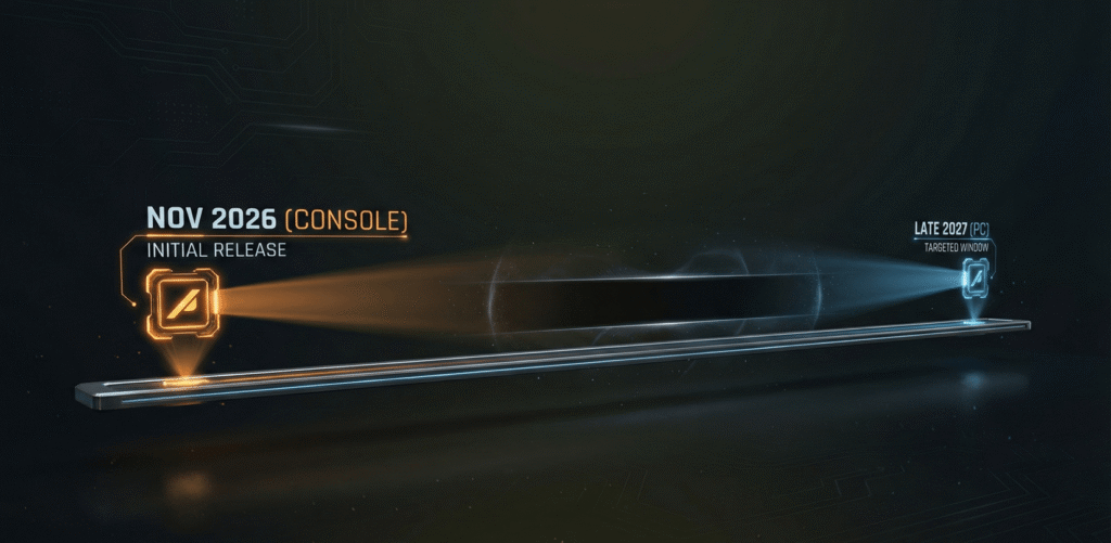 GTA 6 PC Release Date Timeline showing the 18-month delay between the 2026 Console launch and the predicted 2027 PC release.