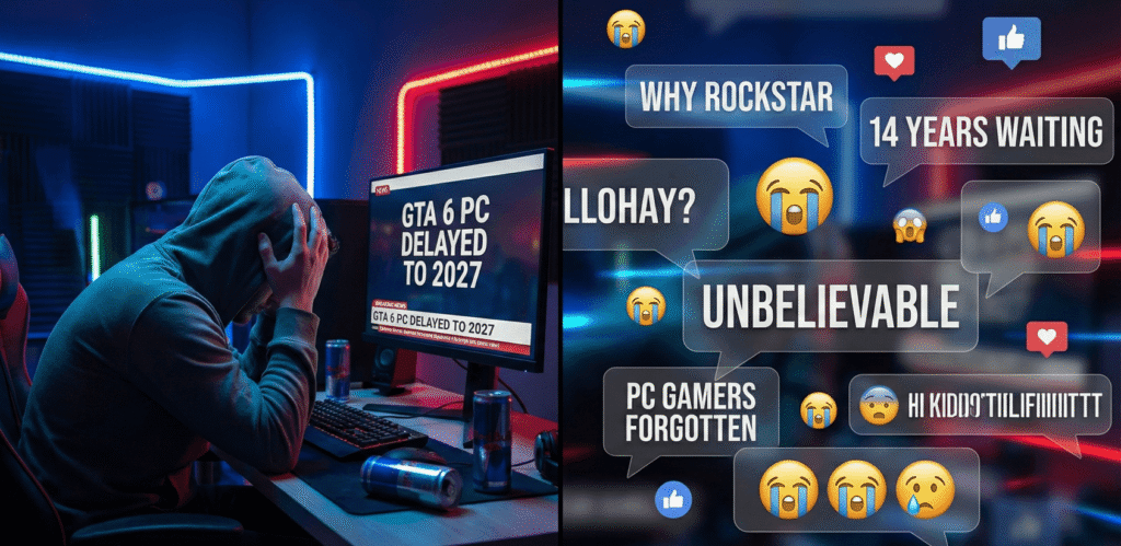 Frustrated gamer reaction to the GTA 6 PC release date delay news, illustrating the community meltdown over the 2027 wait.