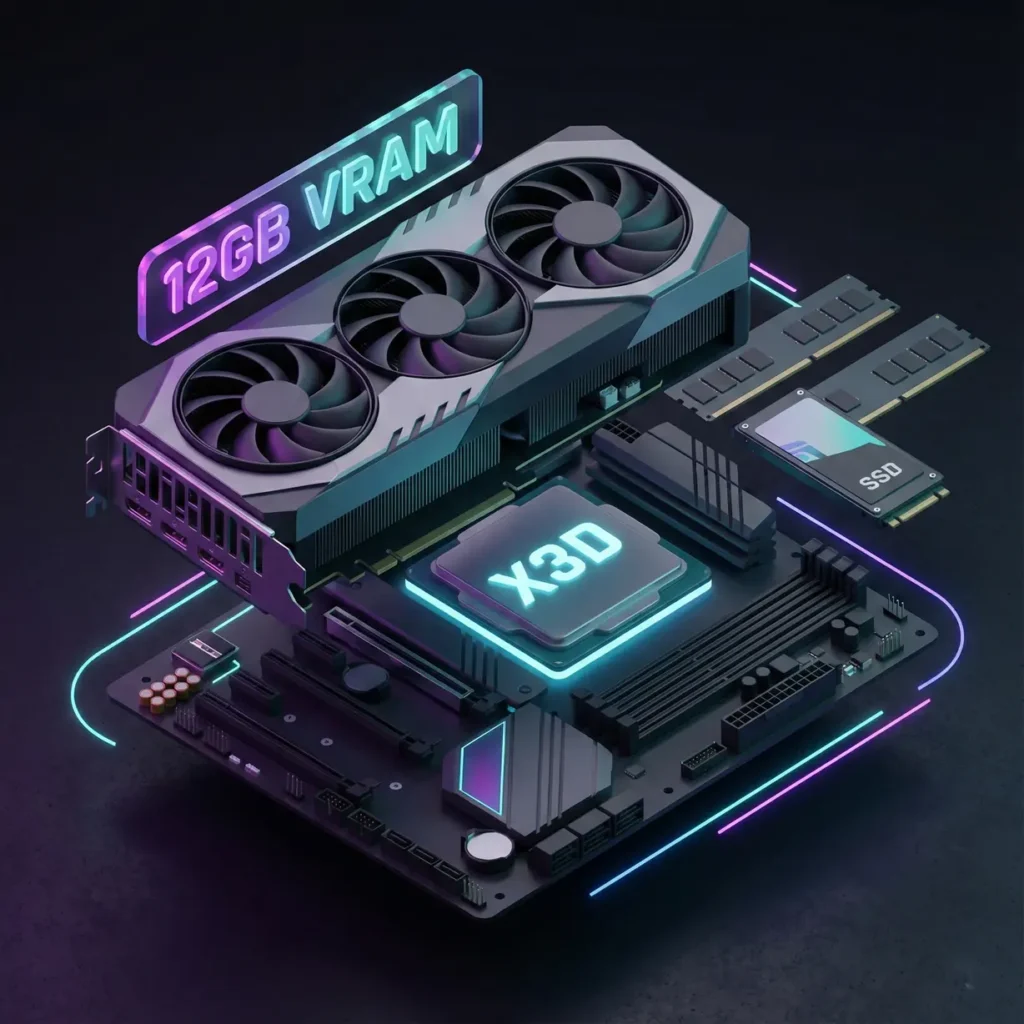 Recommended PC hardware components including 12GB VRAM GPU and X3D CPU to meet GTA 6 system requirements.