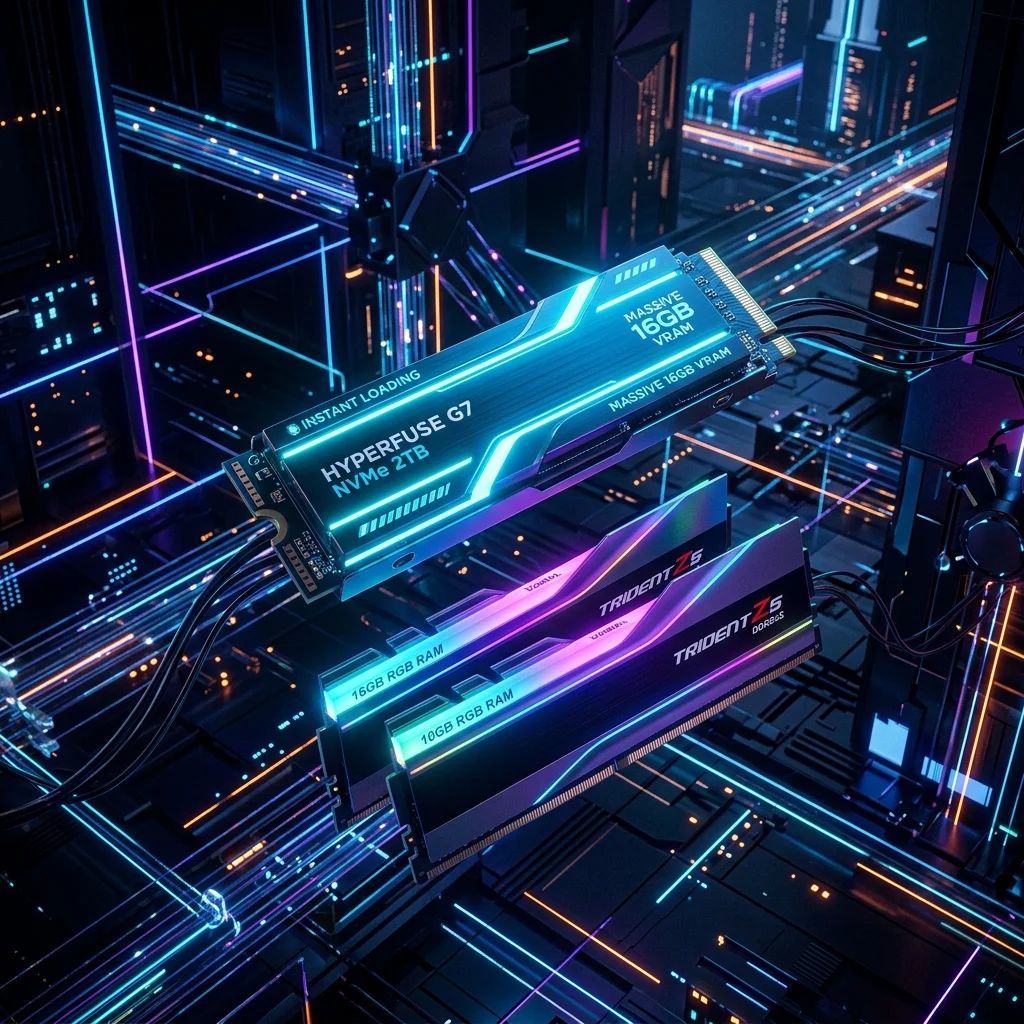 vram_ssd_neon_1783276966560 Glowing NVMe SSD and VRAM sticks representing the storage GTA 6 system requirements