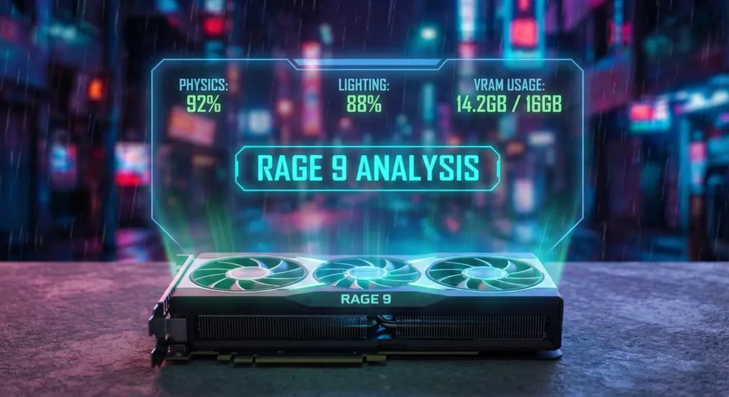 GTA 6 FPS Checker interface analyzing RAGE 9 engine performance on a GPU.