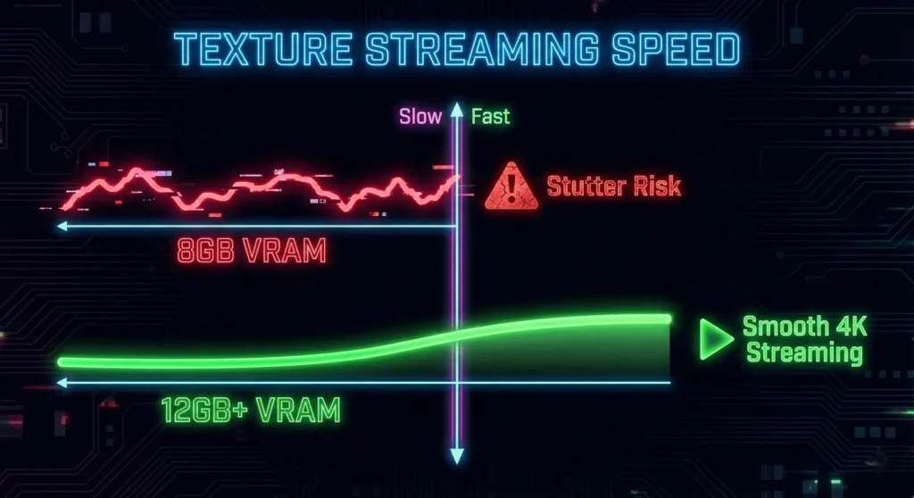 VRAM performance chart showing why 8GB cards cause stuttering in GTA 6