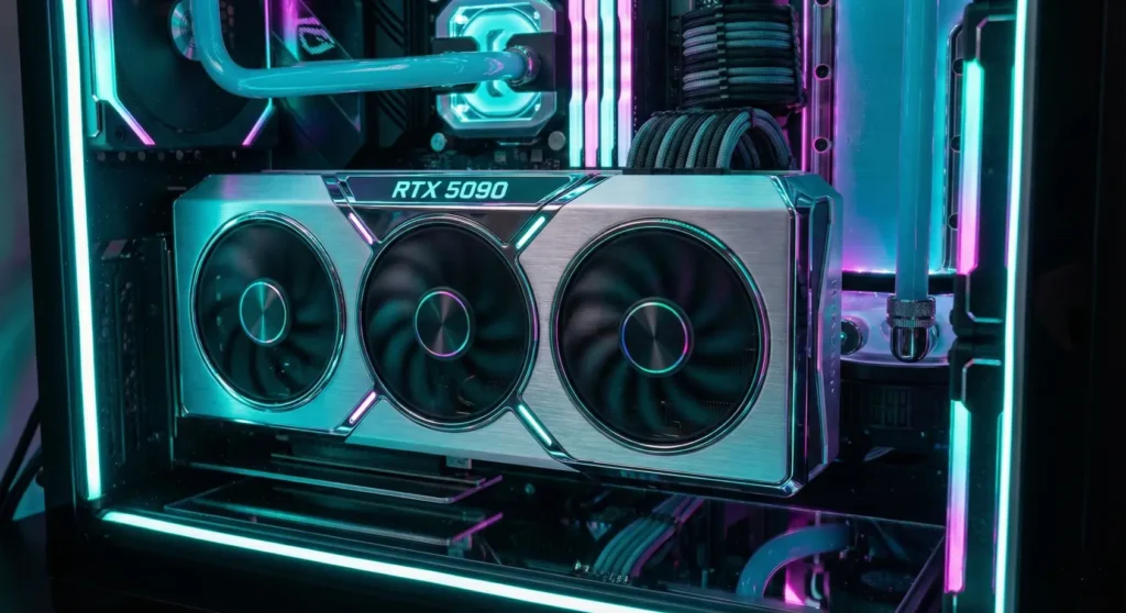 NVIDIA RTX 5090 graphics card in a neon gaming PC, representing the God Tier for GTA 6 baught using GTA 6 GPU Calculator recommendation