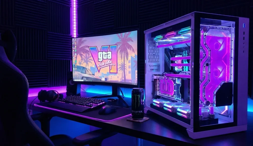 Completed GTA 6 PC Build setup with custom water cooling and RGB lighting