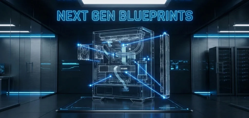 GTA 6 PC Builder tool interface showing futuristic holographic assembly