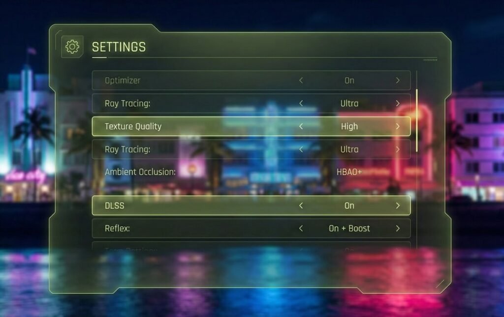 A futuristic settings menu interface for a PC game, glowing green. The menu highlights 'Texture Quality: High' and 'DLSS: On'. Background is a blurred Vice City skyline. 8k resolution.