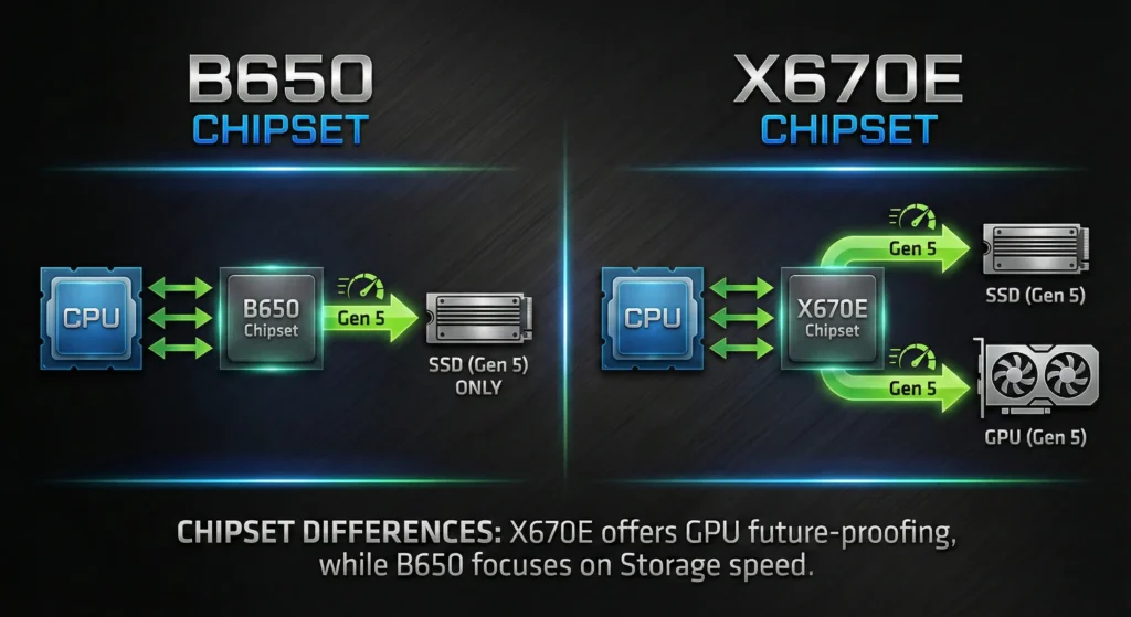 Diagram comparing B650 vs X670E chipsets for the Best Motherboard for GTA 6