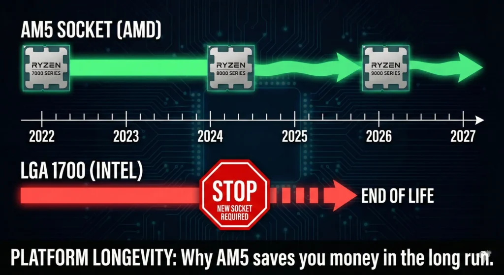 Timeline showing AMD AM5 longevity vs Intel LGA 1700 for the Best Motherboard for GTA 6