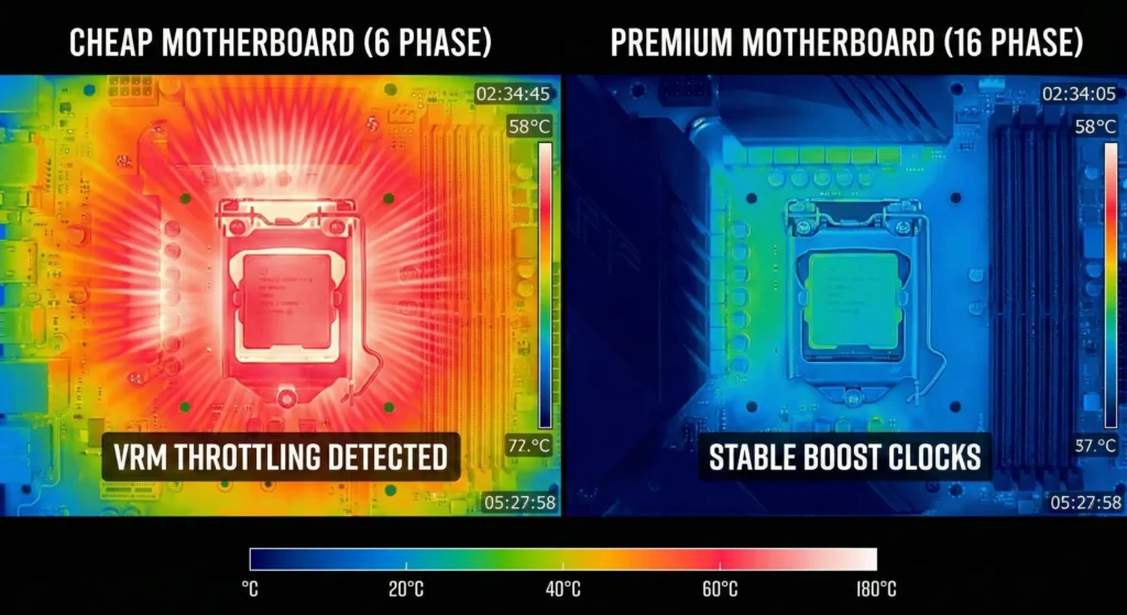 VRM thermal comparison showing why the Best Motherboard for GTA 6 needs robust power delivery.