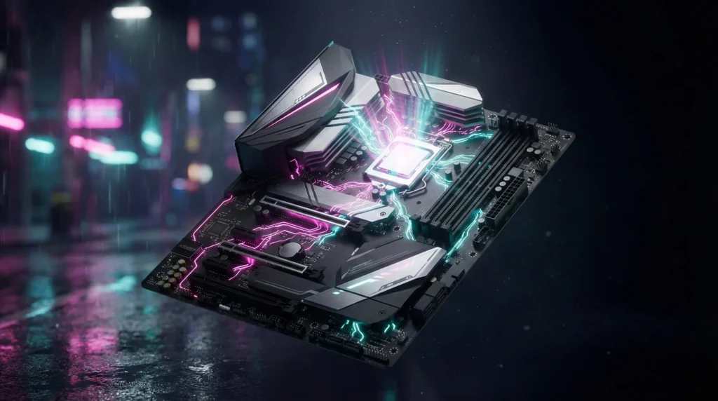Premium Gaming Motherboard with neon lighting, representing the Best Motherboard for GTA 6