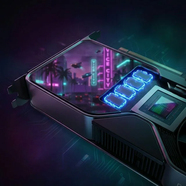GPU VRAM glowing under a neon Vice City skyline, representing GTA 6 VRAM requirements