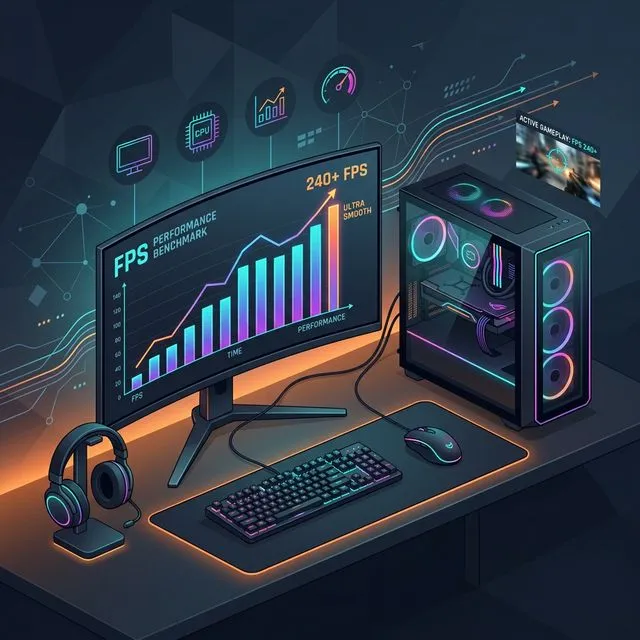 Minimalist illustration of a modern PC gaming setup focusing on high frame rates and GTA 6 benchmark charts