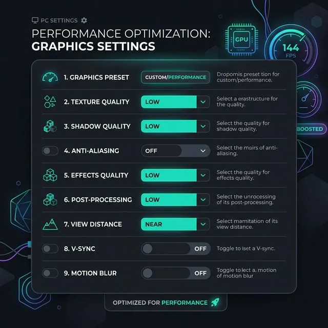Modern PC graphics settings toggles optimized for performance with vibrant accent colors