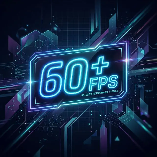 Stylized gaming frame rate counter showing 60+ FPS in glowing neon text
