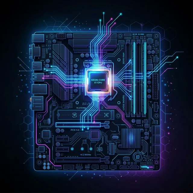 A modern PC motherboard and CPU glowing with neon data streams representing gta 6 pc system requirements 2026
