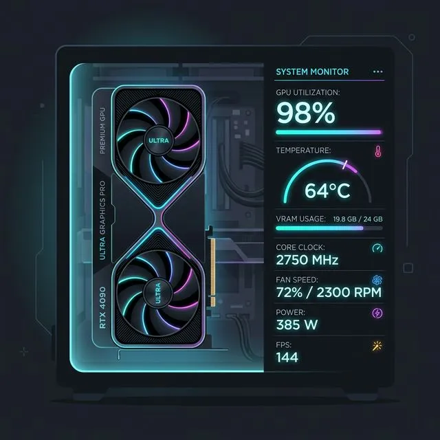 The VRAM Wall: Surviving the GPU Demands" heading. Alt text: "High-end graphics card GPU glowing with performance metrics in a sleek tech environment