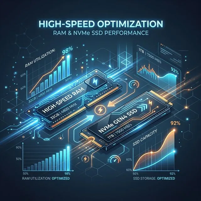 High-speed RAM and NVMe SSD storage optimization illustrated with glowing UI capacity charts