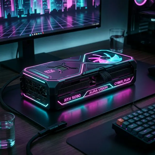 A sleek, high-end futuristic graphics card glowing with neon pink and cyan Vice City aesthetics on a premium gaming desk.