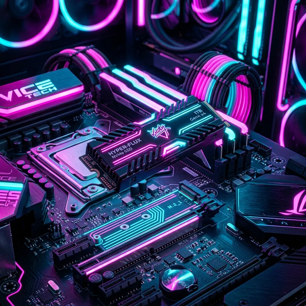 A glowing, high-tech neon storage drive (NVMe M.2 SSD) floating above a motherboard with Vice City aesthetic lighting in pink and cyan.