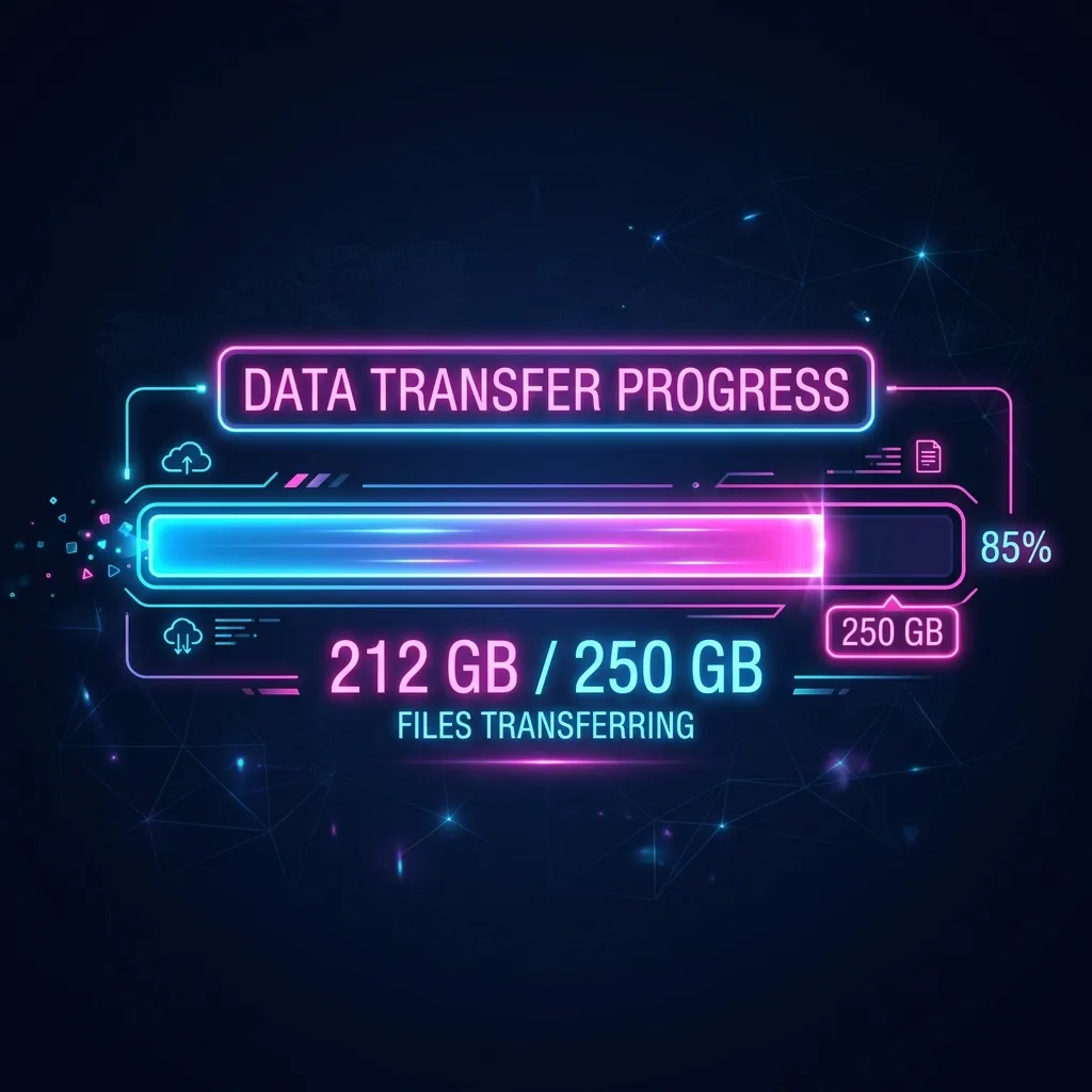 Minimalist digital infographic showing a progress bar filling up with 250 gigabytes of data. Glowing neon pink and blue interface.
