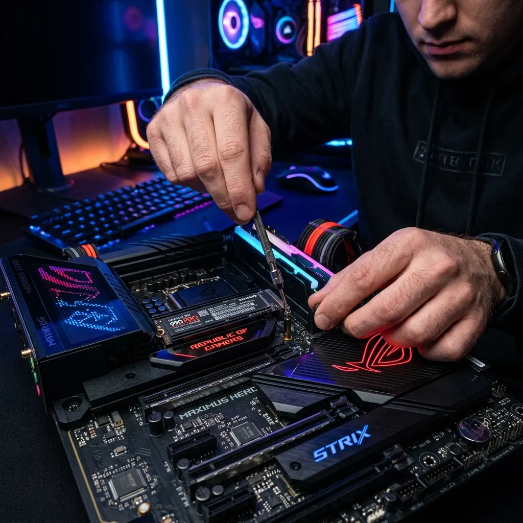 Close-up macro shot of a sleek PC gamer installing a massive high-end heat-sink NVMe M.2 drive onto a premium motherboard.