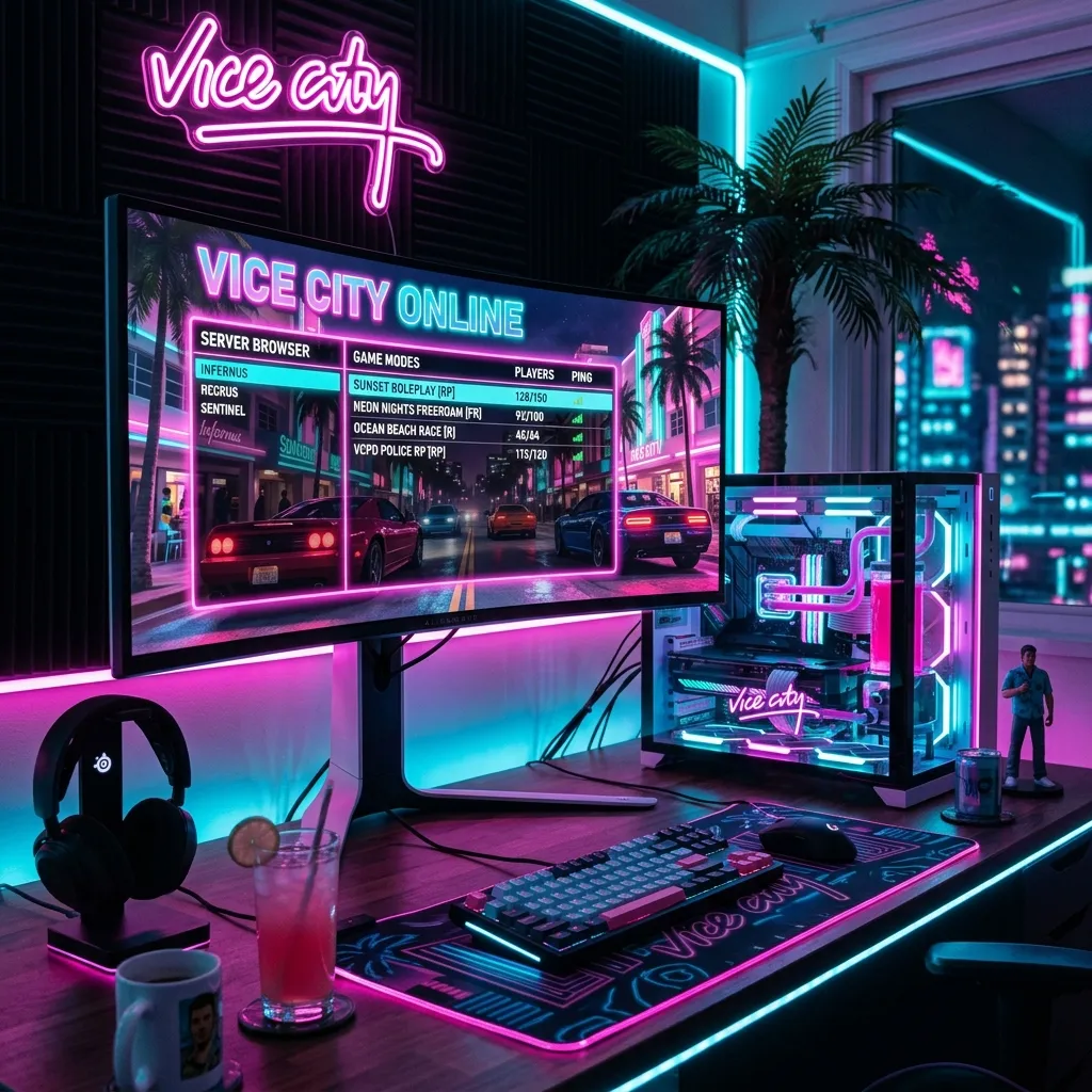 Sleek, high-end futuristic PC gaming setup showing a GTA 6 style multiplayer server browser on the monitor. Neon pink and cyan Vice City aesthetics.