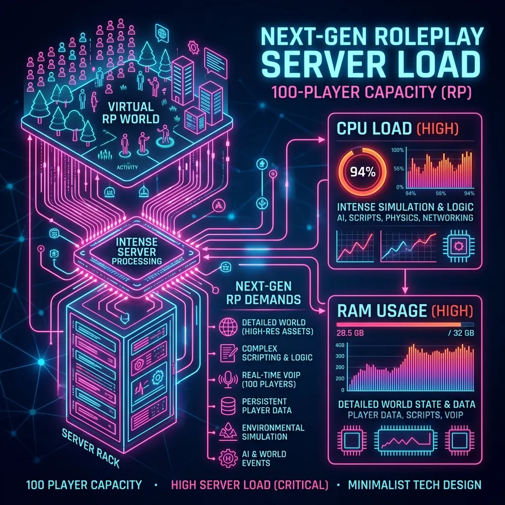 Minimalist neon tech infographic depicting the intense CPU and memory load required to host 100 players in a next-gen video game roleplay server.