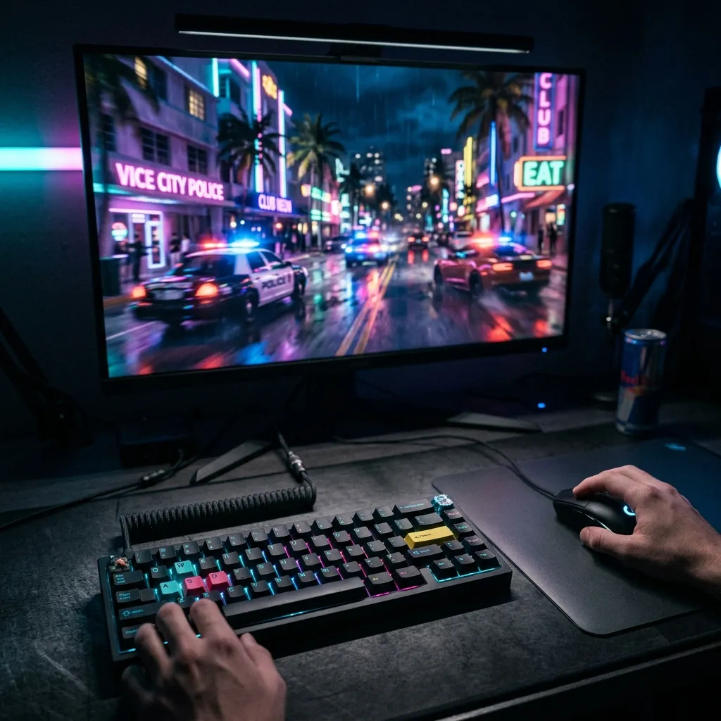 First-person view over a high-end mechanical keyboard and mouse, with the blurred monitor in the background showing a neon police car chase at night.