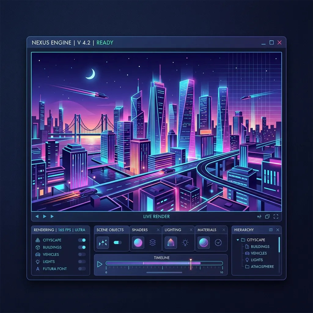 Minimalist and premium illustration of the RAGE 9 Engine framework rendering a neon Vice City landscape, highlighting next-generation visual fidelity