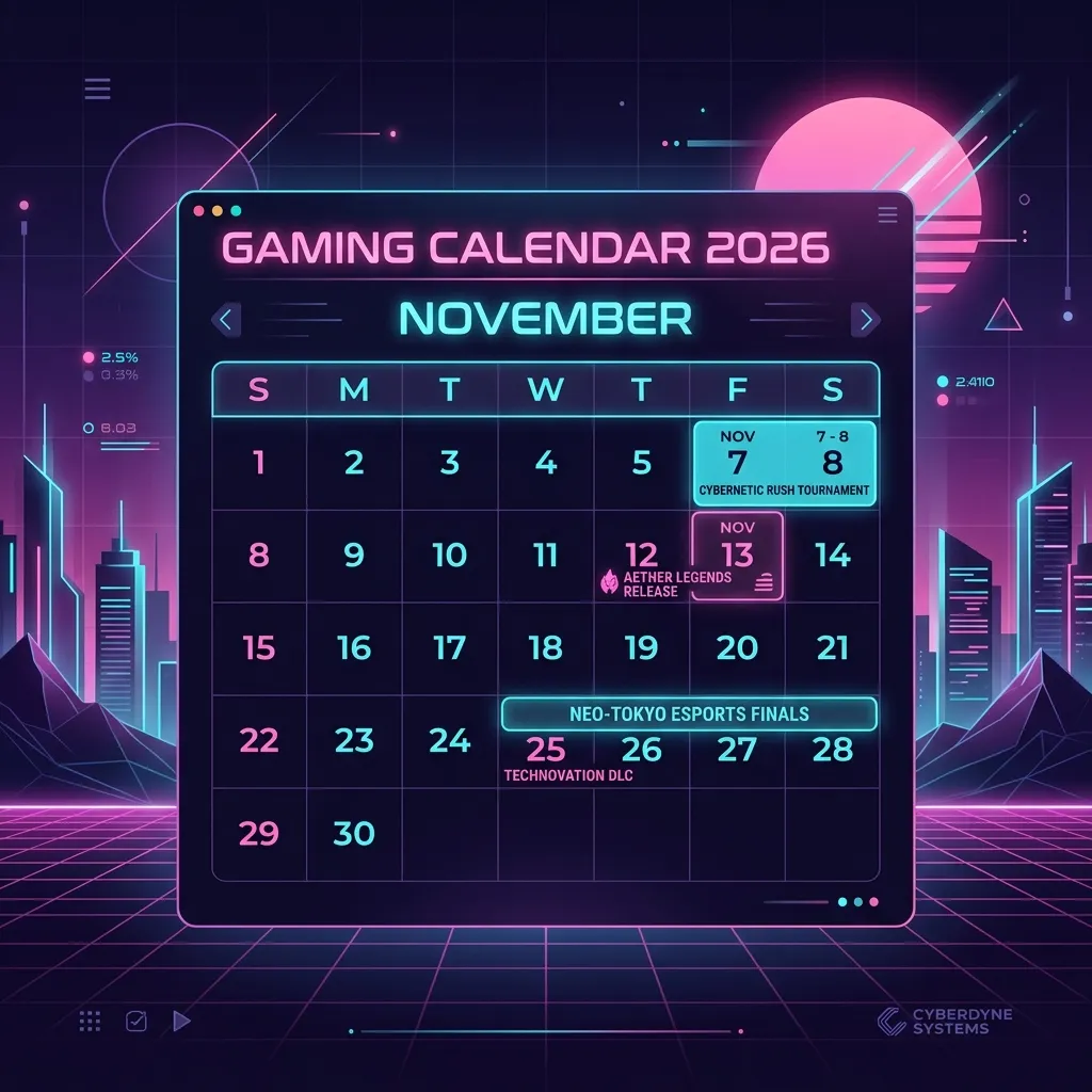 Modern, clean synthwave-style calendar highlighting November 2026 as the target launch window for GTA 6