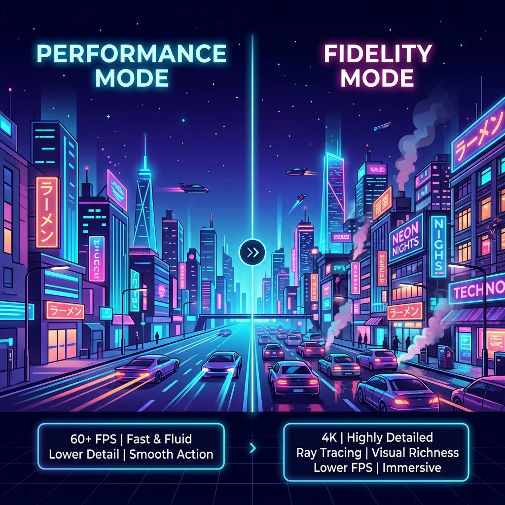 A visual comparison of GTA 6 performance vs fidelity modes showing graphics differences