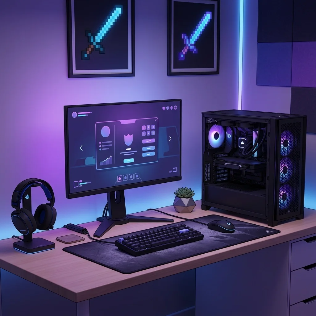 Clean, minimalist 3D illustration of a mid-range gaming PC setup Clean, minimalist 3D illustration of a mid-range gaming PC setup on a desk with purple ambient lighting.