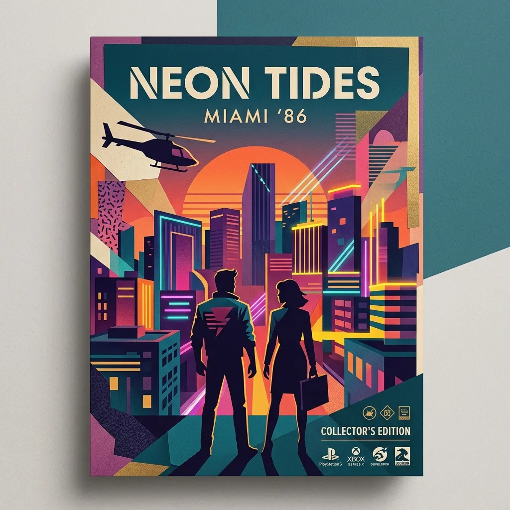 The official gta 6 cover art featuring a vibrant neon sunset over Vice City and the main protagonists.