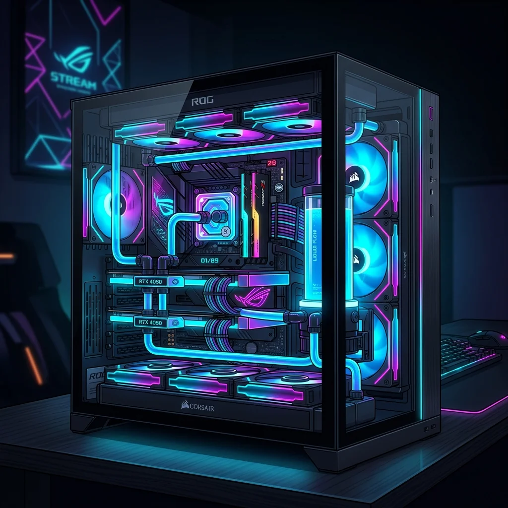 A monstrous, liquid-cooled high-end gaming PC A monstrous, liquid-cooled high-end gaming PC inside a transparent glass case glowing with neon lights.
