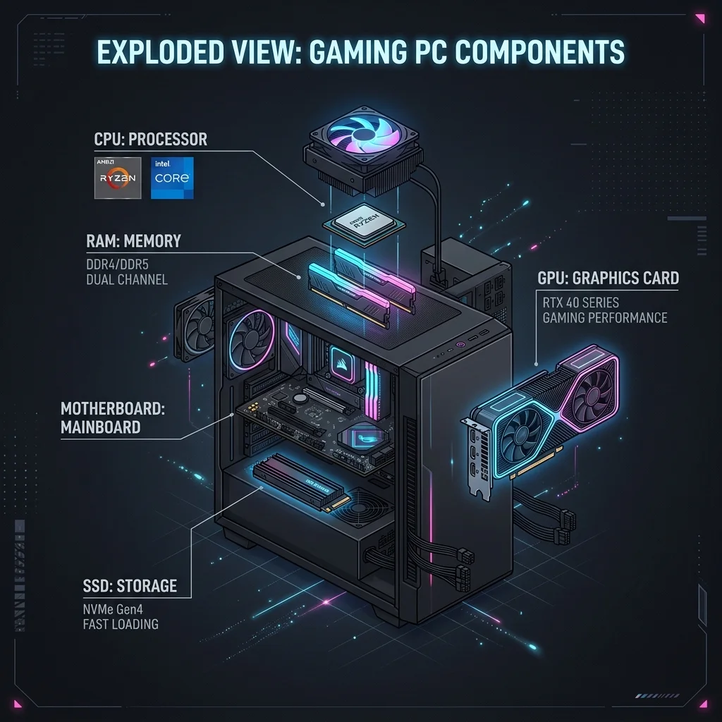 Minimalist infographic showing an exploded view of a gaming PC Minimalist infographic showing an exploded view of a gaming PC highlighting GPU, CPU, RAM, and SSD.