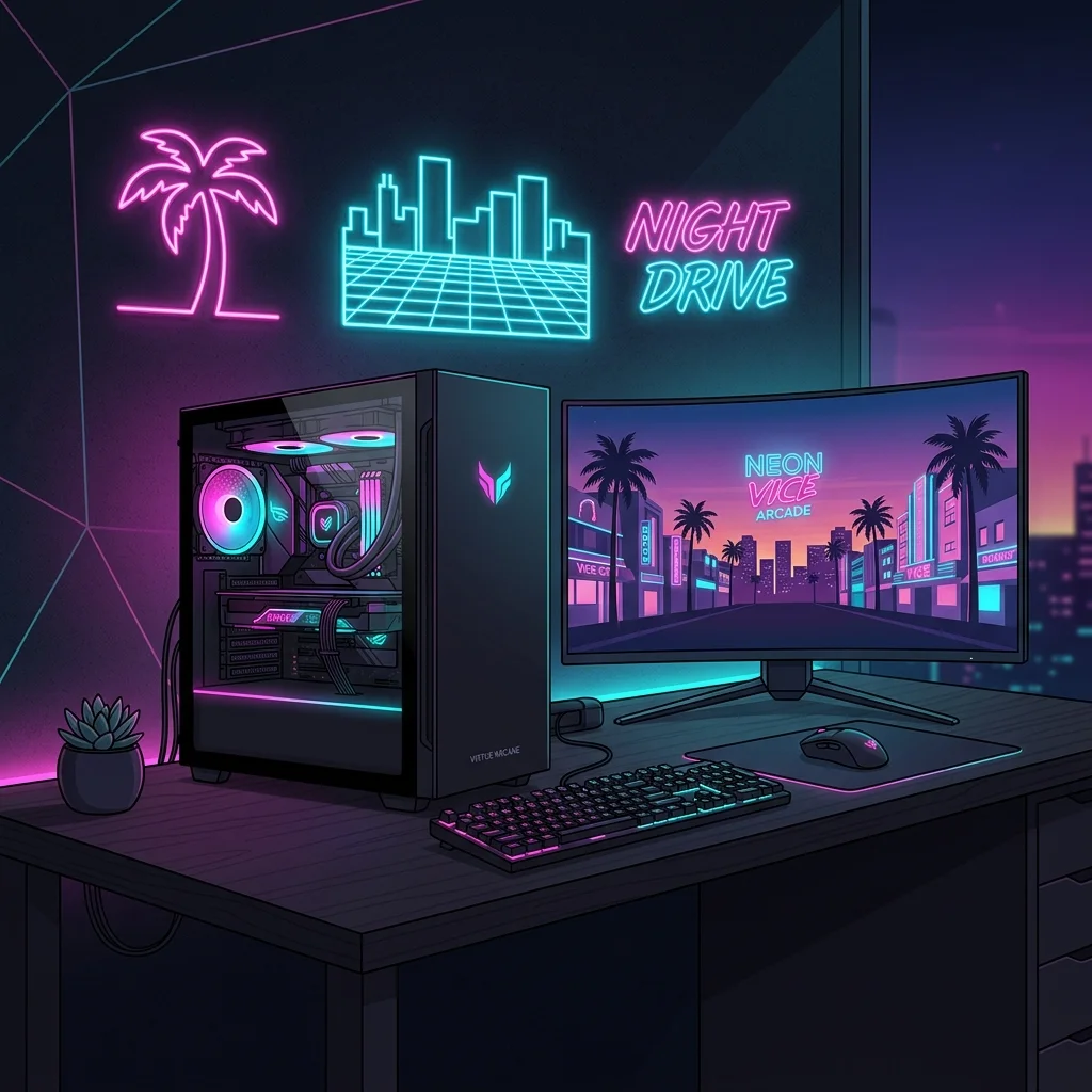 A sleek, neon-lit premium pre-built gaming PC A sleek, neon-lit premium pre-built gaming PC on a dark desk reflecting Vice City aesthetics.