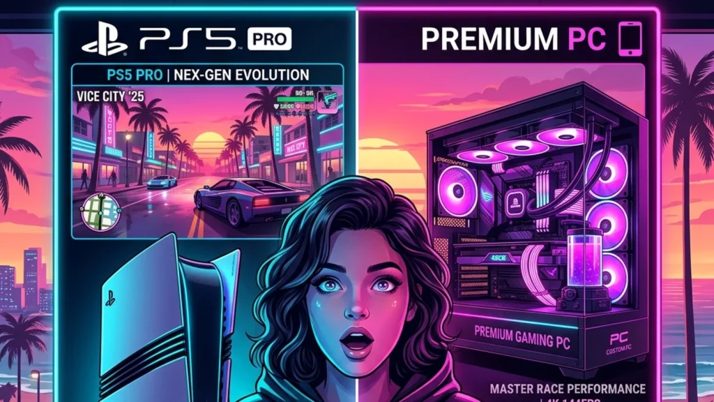 A side-by-side futuristic setup showcasing a PS5 Pro and a high-end PC for the ultimate GTA 6 performance vs fidelity battle
