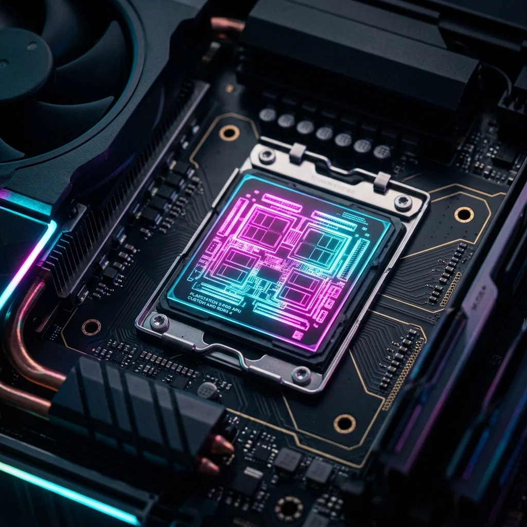 A glowing next-generation processor chip inside the PS5 Pro driving GTA 6 performance vs fidelity graphics