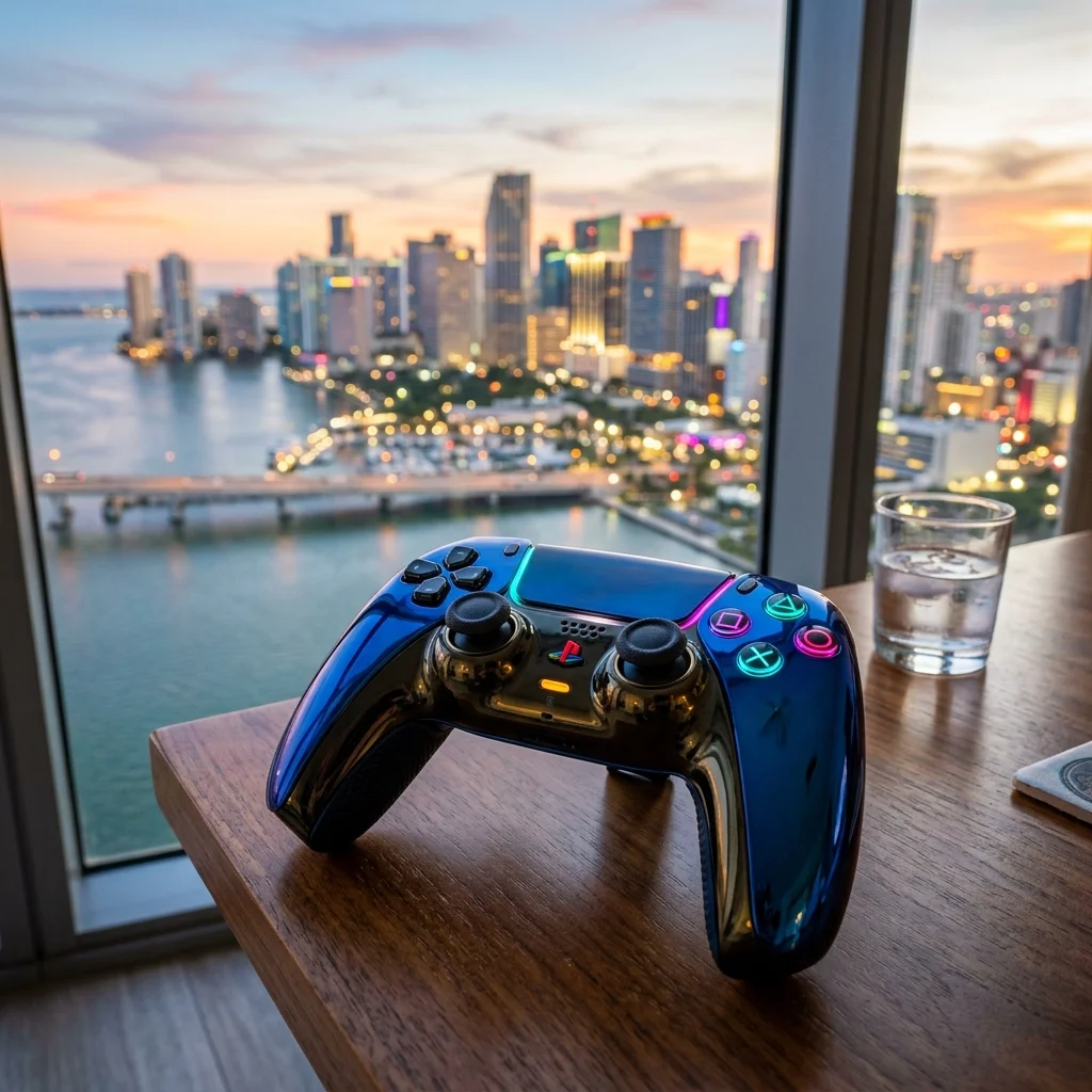 High-end gaming controller with Miami skyline representing the future beyond is GTA 6 on PS4.