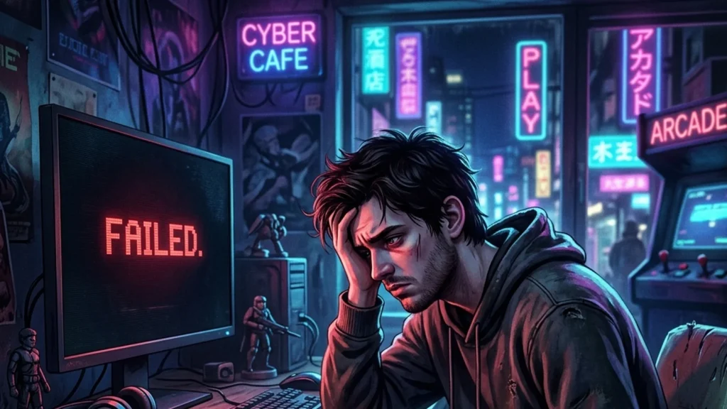 A frustrated gamer wondering is GTA 6 on PS4 looking at an old console in neon lighting.