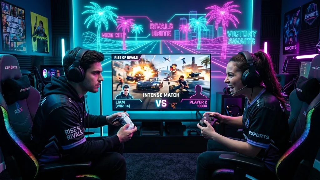 gta6_crossplay_hero_1787475314839 GTA 6 crossplay concept showing rival gamers playing together on next-gen consoles in a neon room
