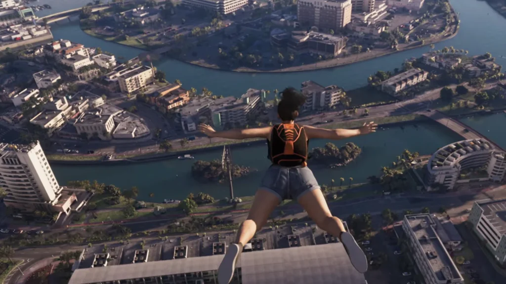 GTA 6 download size storage guide showing Lucia overlooking Vice City.
